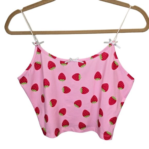 Women's Strawberry Print Spaghetti Strap Crop Top Summer Cami M - Picture 3 of 9